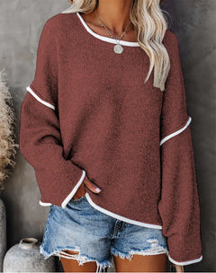 Casual Round Neck Long-sleeved Sweater Top in Solid Colors
